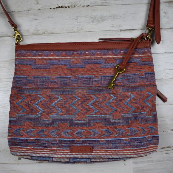 Fossil Fiona multicolor boho geometric print fall tapestry crossbody bag purse - Picture 2 of 12